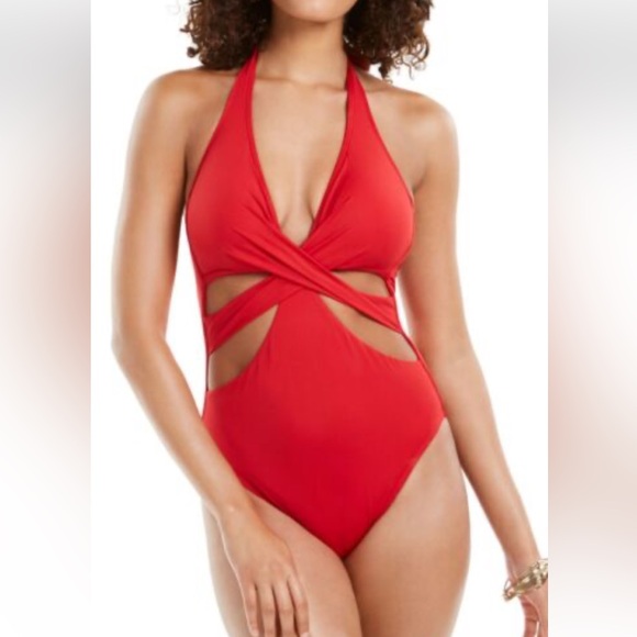 NWT Kenneth Cole Red Tummy  Toner Cut Out One Piece Swimsuit Size XL Slimming - Picture 1 of 9
